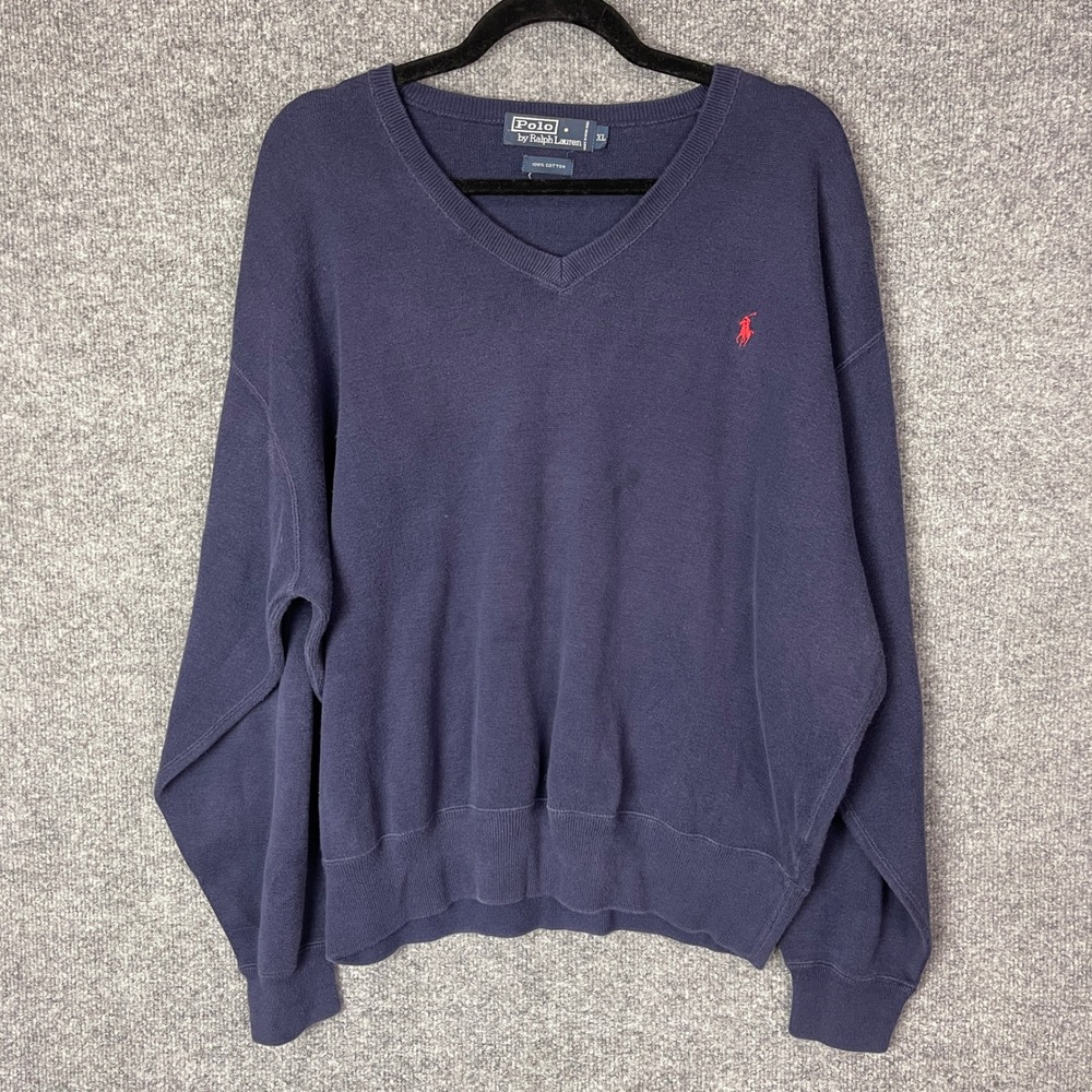 Vintage Polo Ralph Lauren V Neck Sweater Navy‎ Sweatshirt Cotton Mens XL